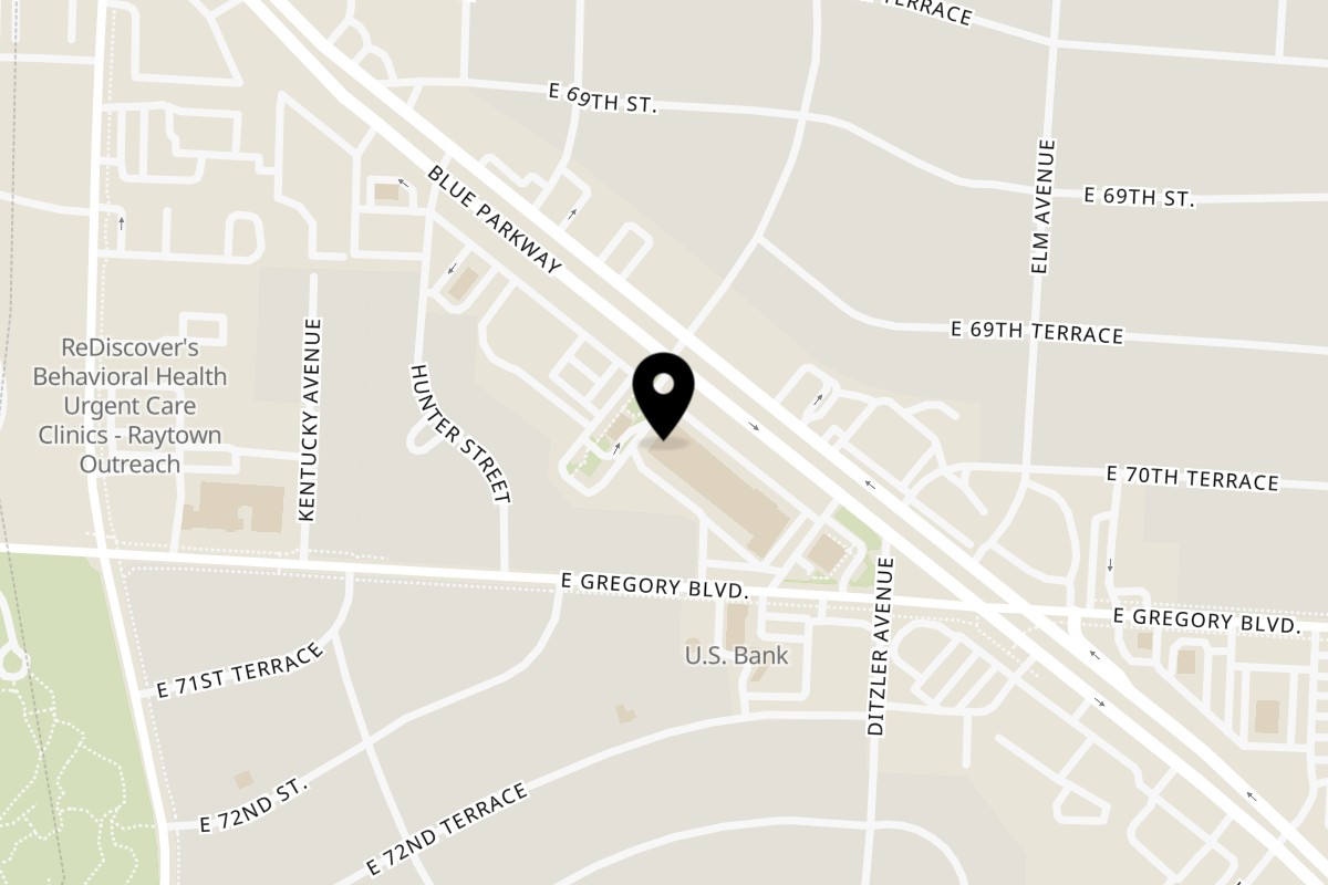 Map showing the location of Wing Studio on 9027 E State Rte 350 in Raytown